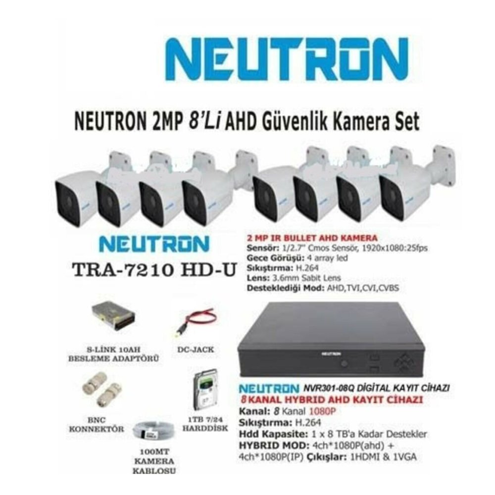 NEUTRON 8 Kameralı Full Hd Kamera Set Nvr301-08q Tra-7210 1tb AGS30108